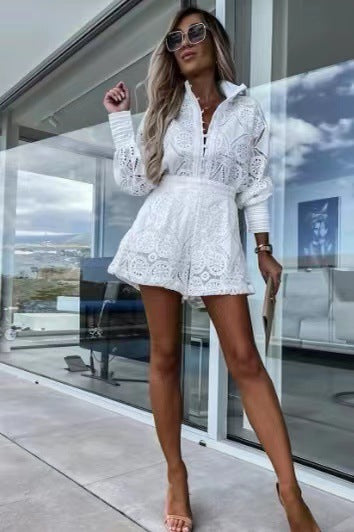 Women's White Floral Design Summer Shorts Suit