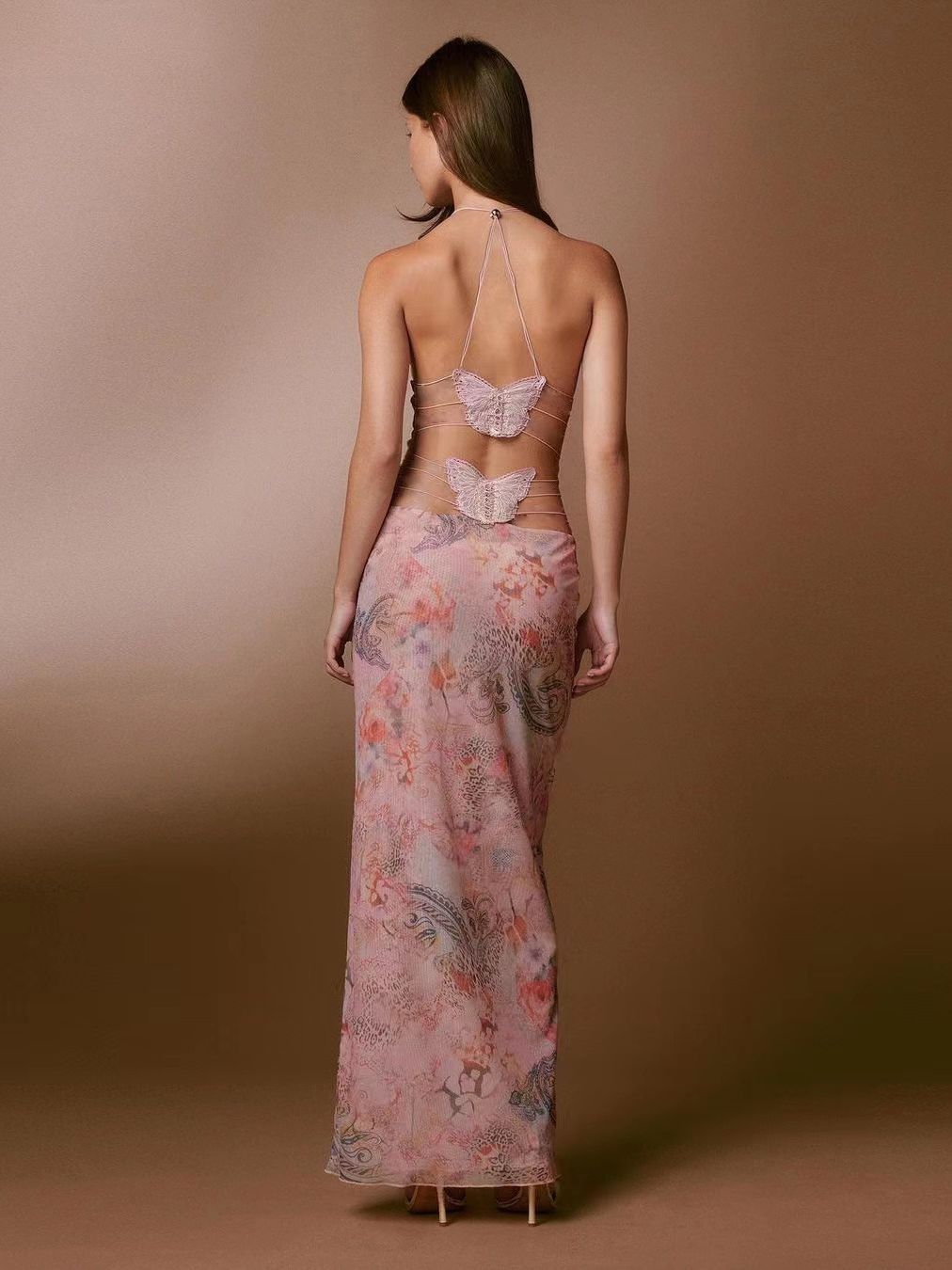 Vireous Floral Print Halter Spaghetti-Strap Dress with Butterfly Back