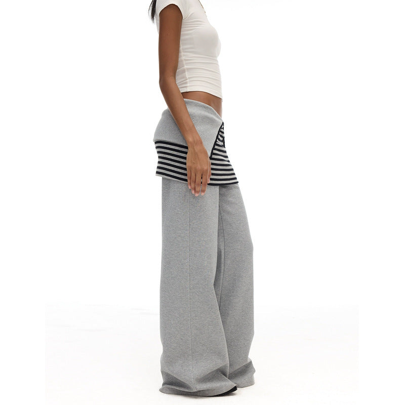 Women's Adjustable Waist, Grey Wide-Leg Striped Skirt Profile Long Casual Pants