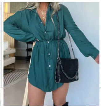 Vireous Long Sleeve Women's Jumpsuit With Button Front, Fashion Shirt Dress