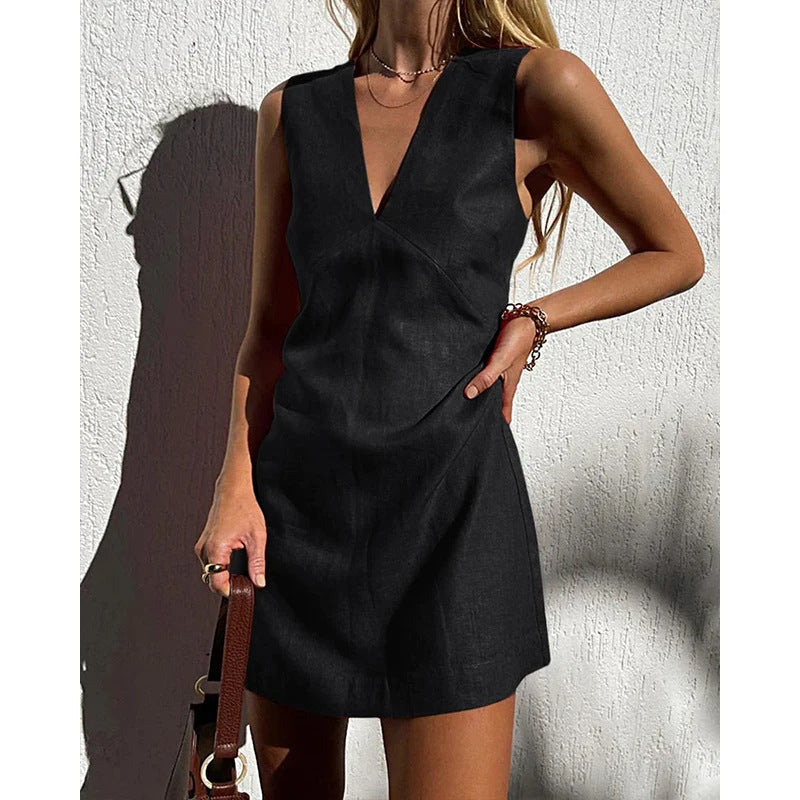 Vireous Summer Classic Cotton and Linen Sleeveless Mini Dress, Multi Colours