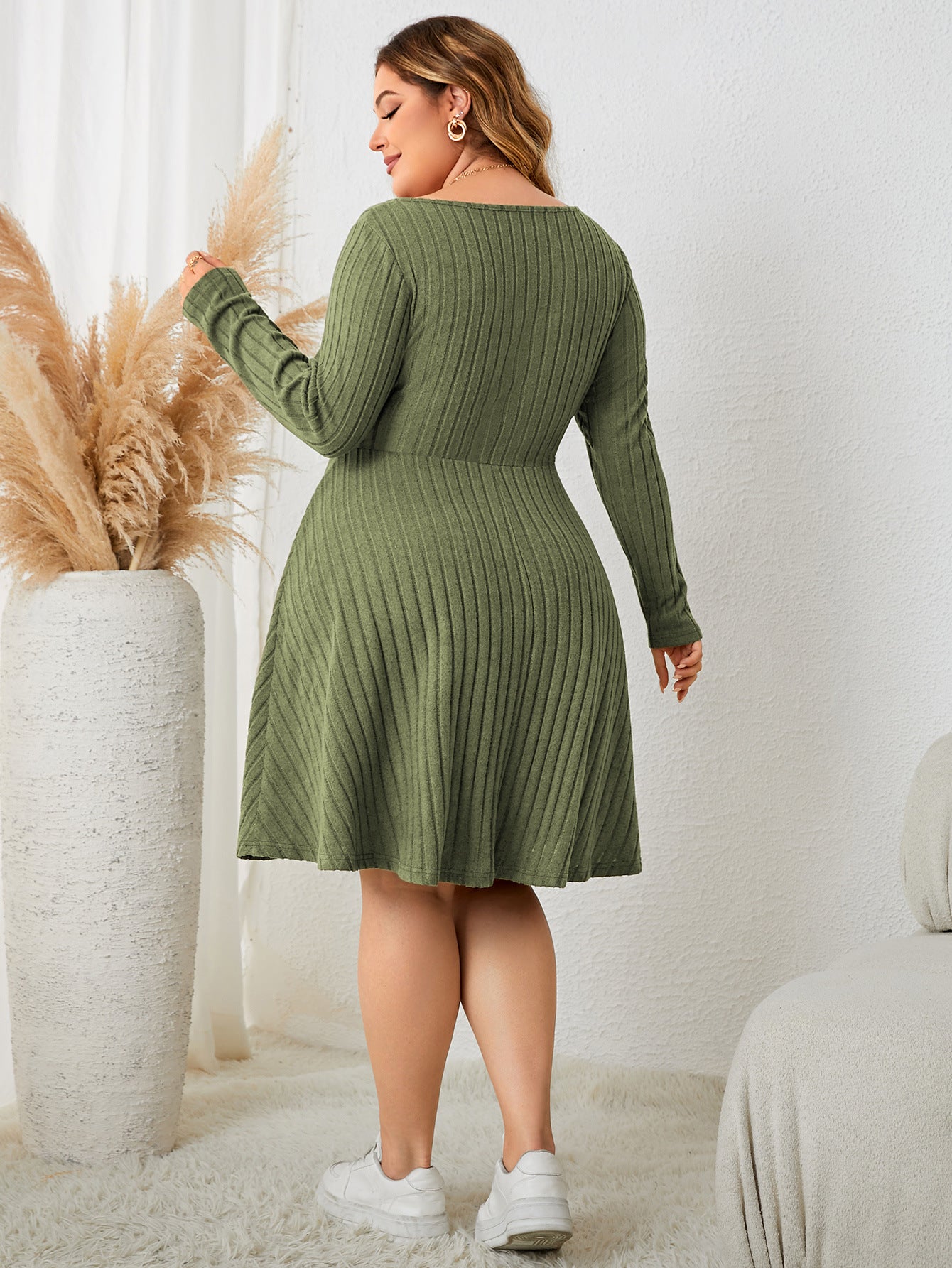 Vireous Plus Size Square Collar Dress