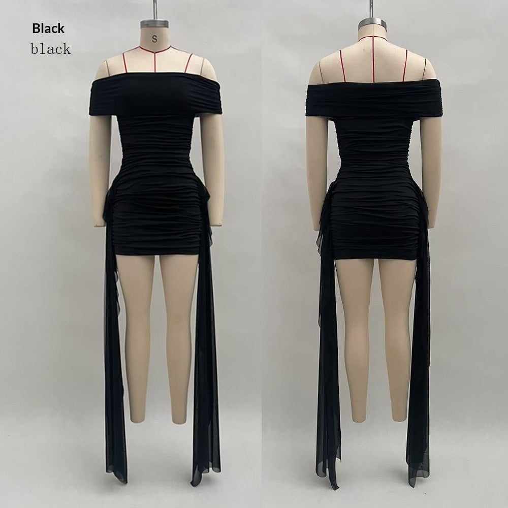 Vireous Off-the-Shoulder Pleated Flowing Ribbon-Fit Mini Dress