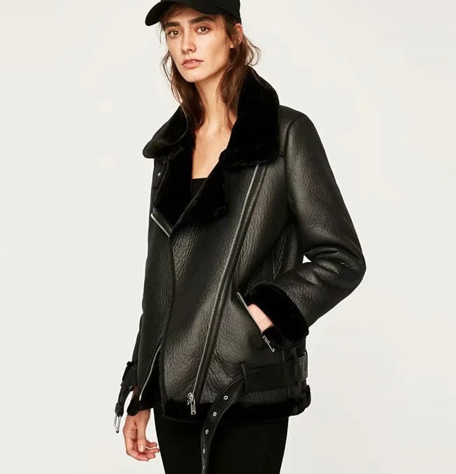 Women's Trendy Leather Jacket With Cross-Body Zipper