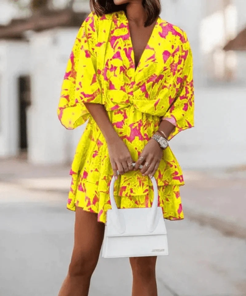 Vireous Fashion Print Doll-Sleeve Loose Summer Dress