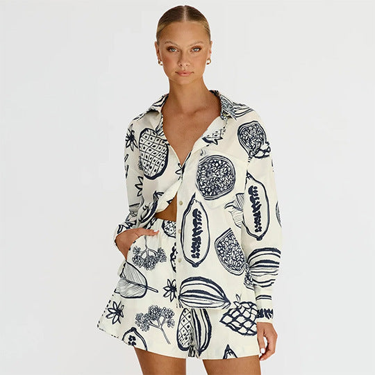 Casual Fruit Print Shorts & Blouse Suit, Spring and Autumn Collection