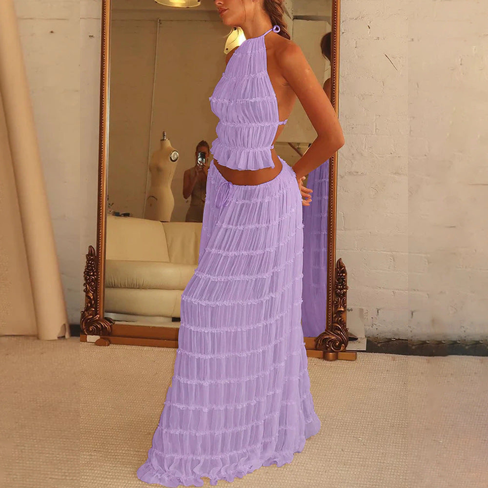 Vireous Two-Piece Ruffled Women's Summer Halter Dress