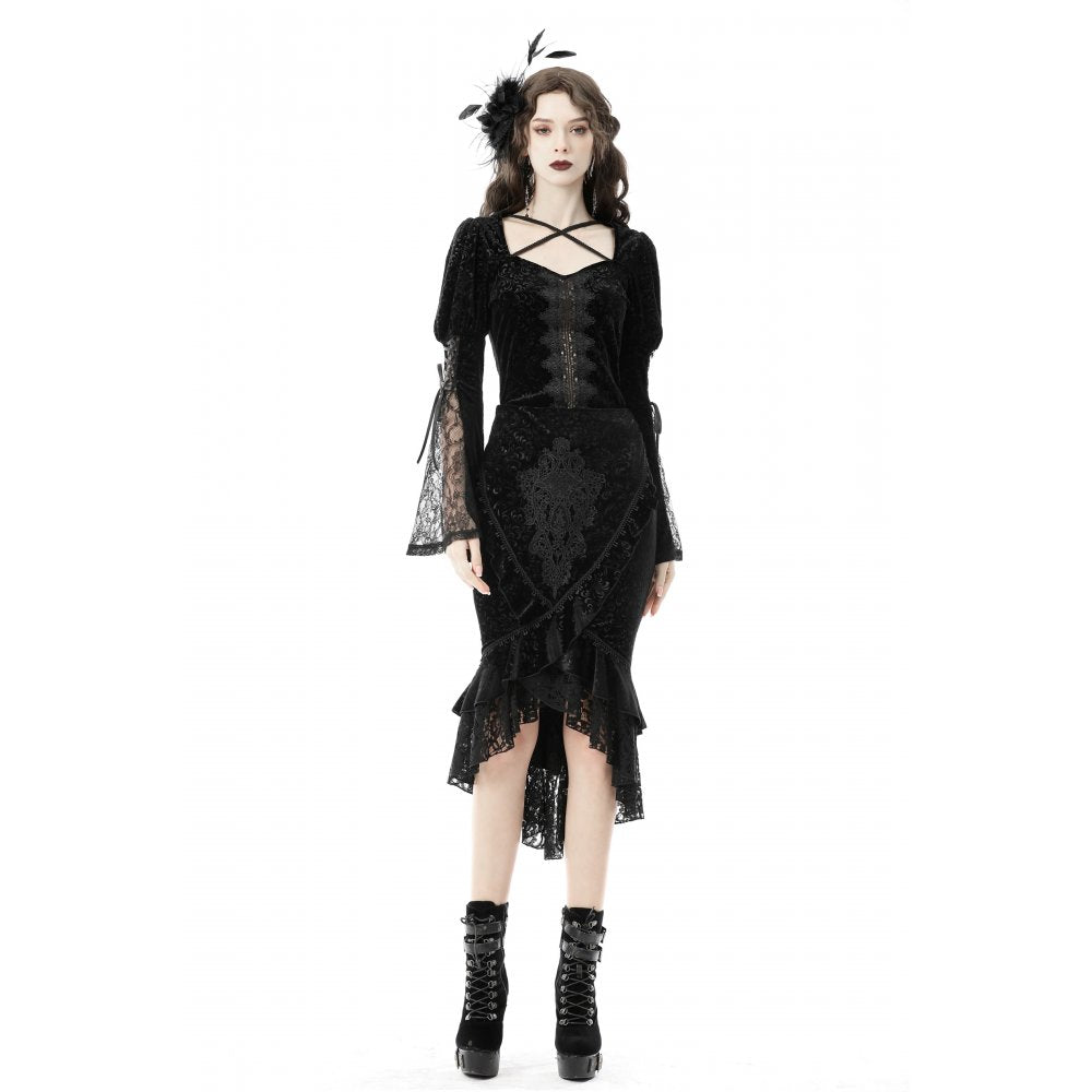Dark In Love Zira Velvet Fishtail Midi Skirt