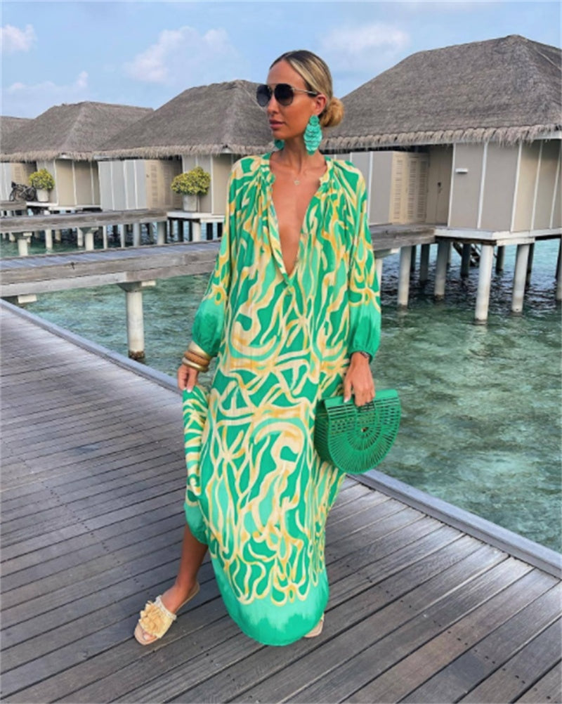 Bold Print Pullover Long Sleeve V-Neck Long Loose Dress, Spring and Summer Collection