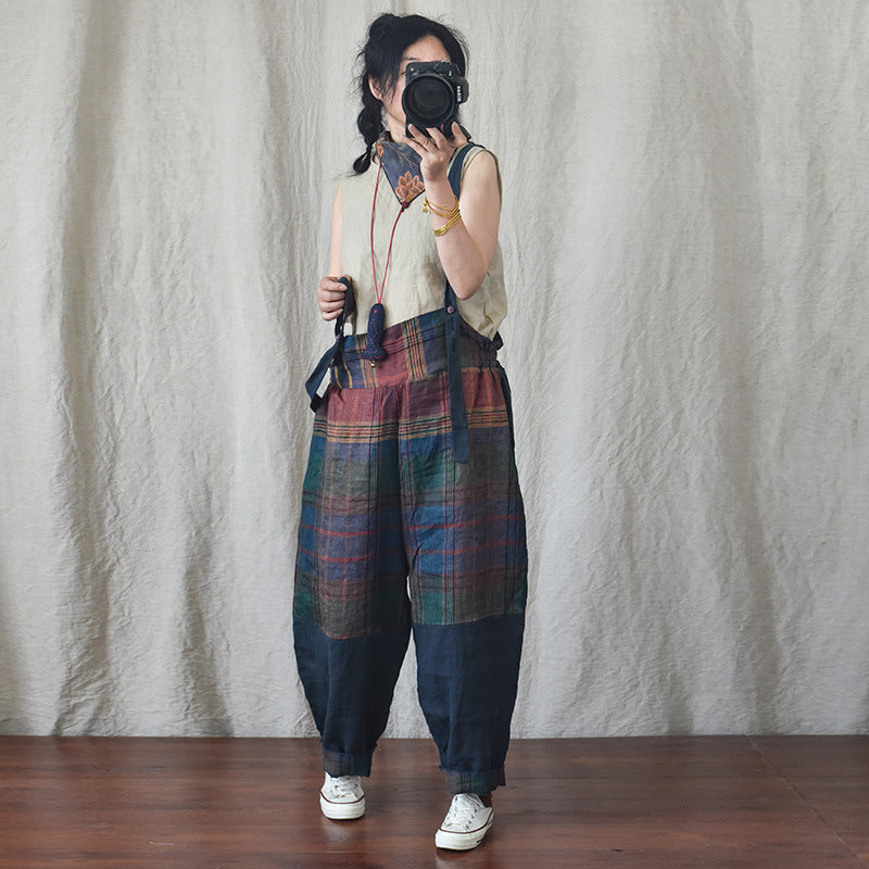 Women's Fashion Patchwork Linen Arty Suspender Pants