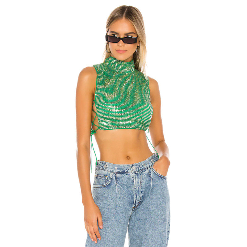 Fashion Nightclub Sequin Vest Top, Side-Stretch Cropped Vest in Green