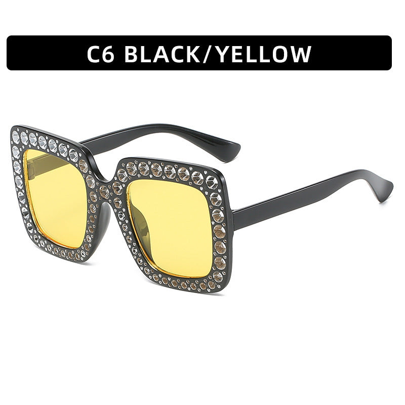 Large Square-Frame Avant Garde Sunglasses with Sparkling Rhinestones