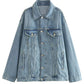 Retro Collar Women's Denim Jacket Coat Set With Pants