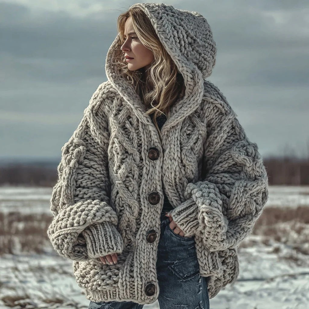 Unisex Extra-Thick Cable Knit Classic Hooded Cardigan