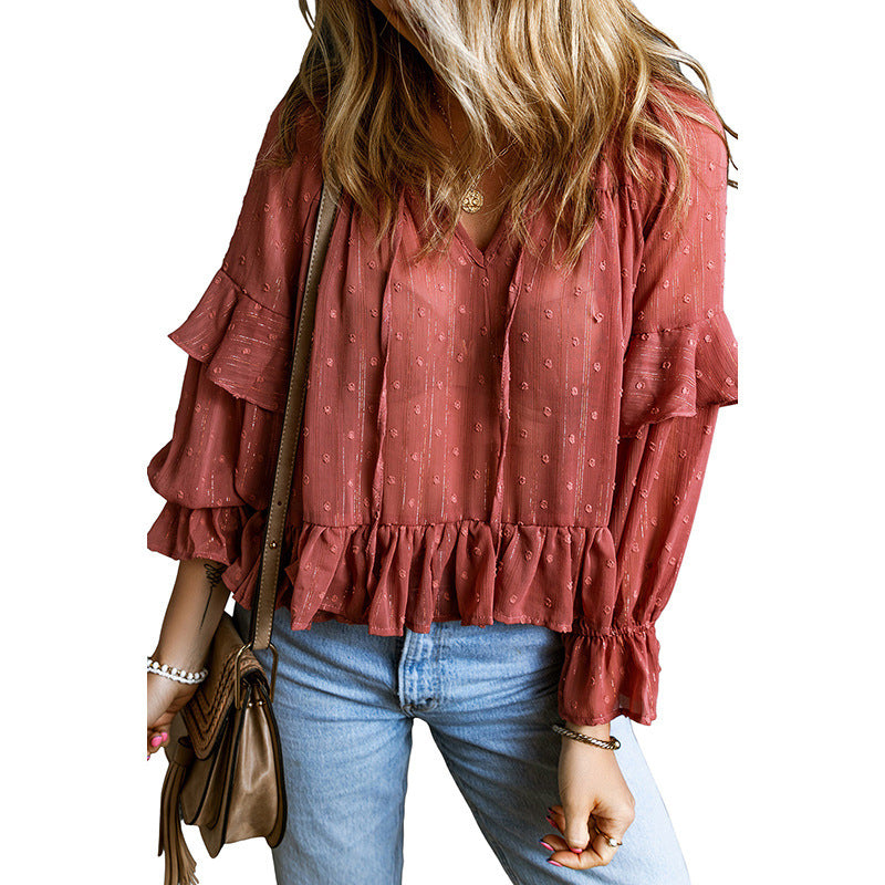 Vireous V-Neck Lace-Up Ruffled Stitching, Hipster Chiffon Top