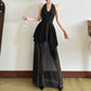 French Style V-Neck Girdle Layered Mesh Black Formal Dress