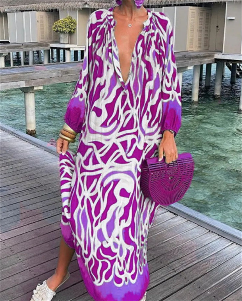 Bold Print Pullover Long Sleeve V-Neck Long Loose Dress, Spring and Summer Collection