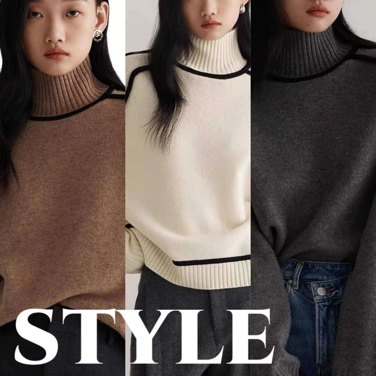 Half-Turtleneck Colour Contrast Women's Fashion Sweater