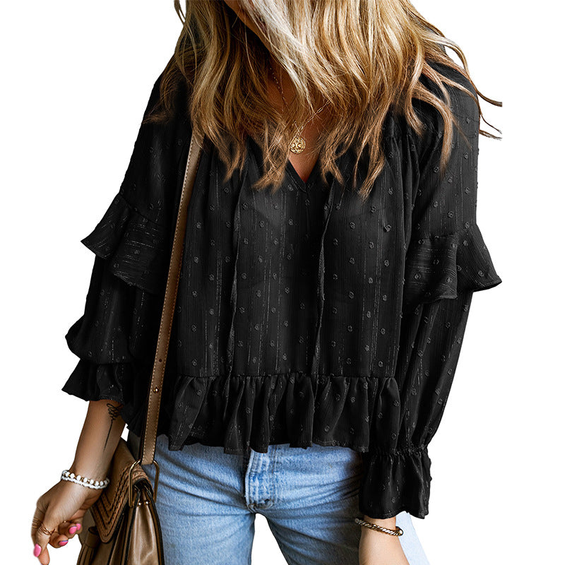 Vireous V-Neck Lace-Up Ruffled Stitching, Hipster Chiffon Top