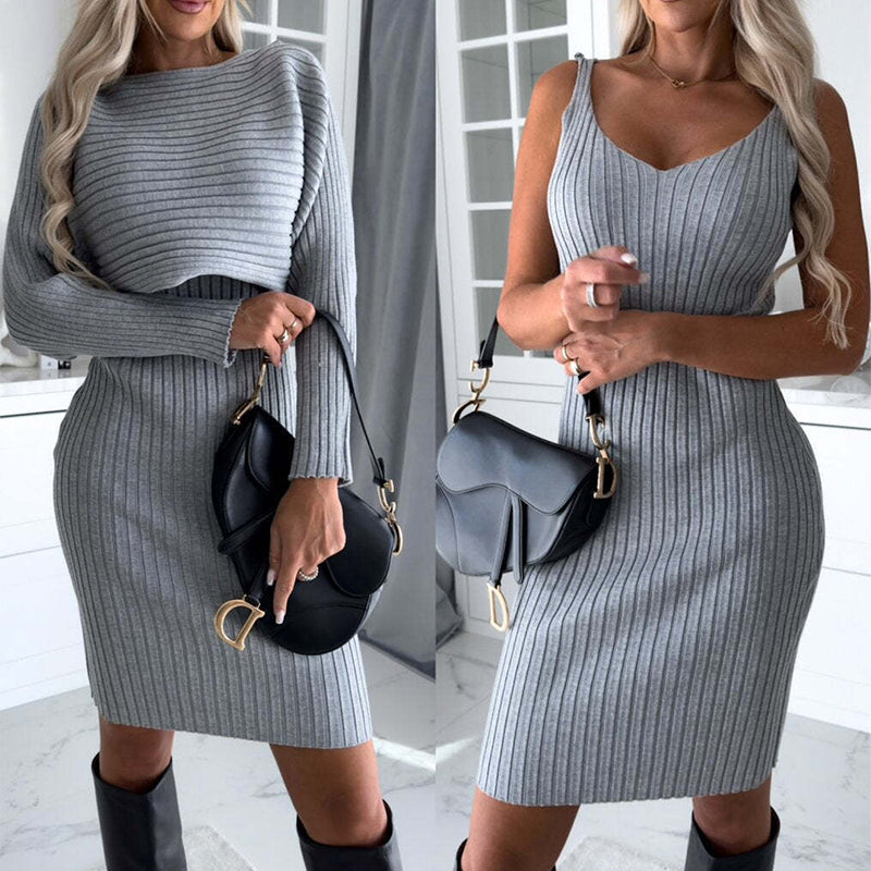 Vireous Women's Solid Stripe Long-Sleeve Two-Piece 'Crumple' Dress Set