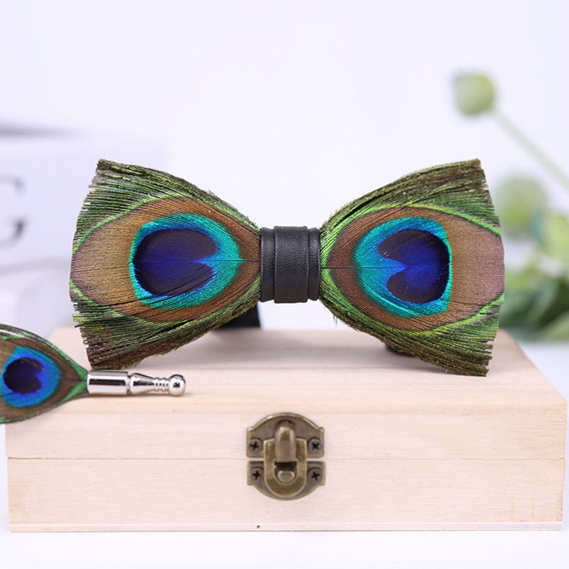 Men's Bow Tie, Peacock Big Eyes Blue Feather