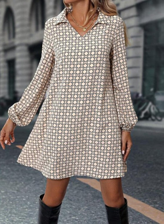 Vireous Long Sleeve Geometric Print Polo Collar Dress