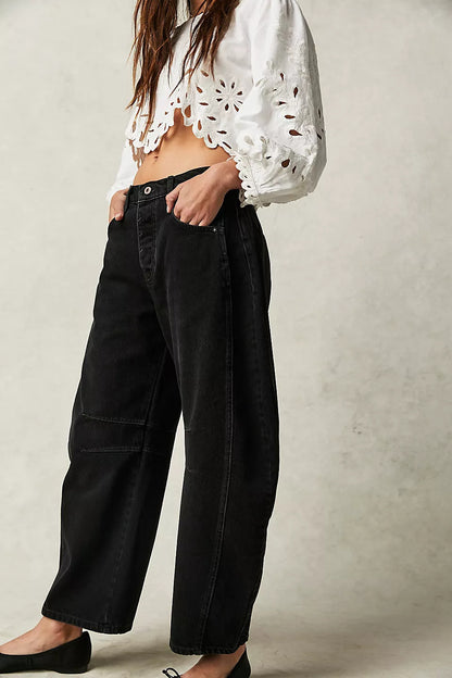 High-Stretch Mid-Rise Barrel Jeans, Fashion Wide Leg Women's Jeans
