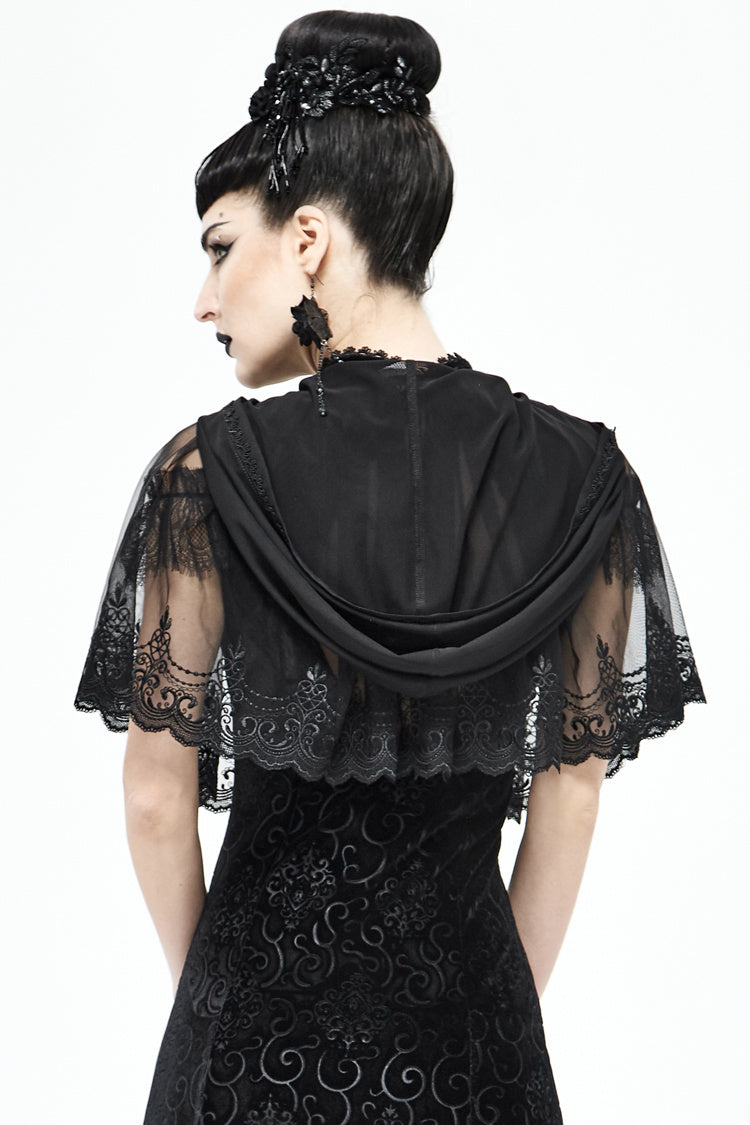 Gothic Fashion Womenswear Dark Lace Mesh Hooded Cloak