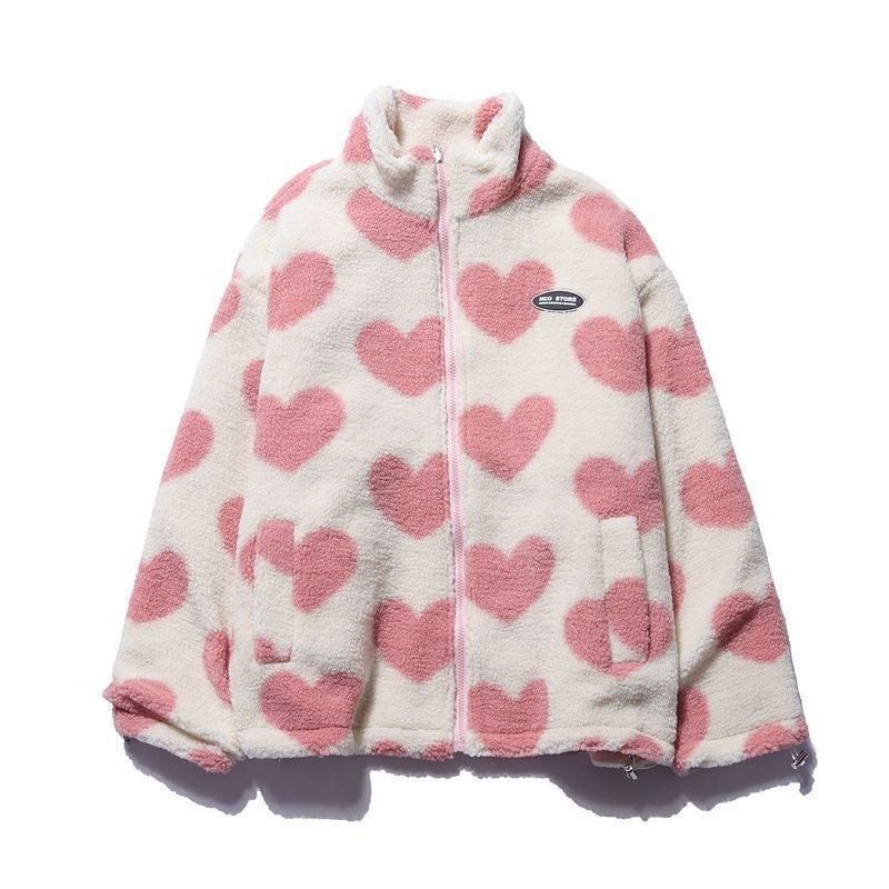 Heart Print Fleece-Lined Warm Reversible Cotton-Padded Women's Jacket