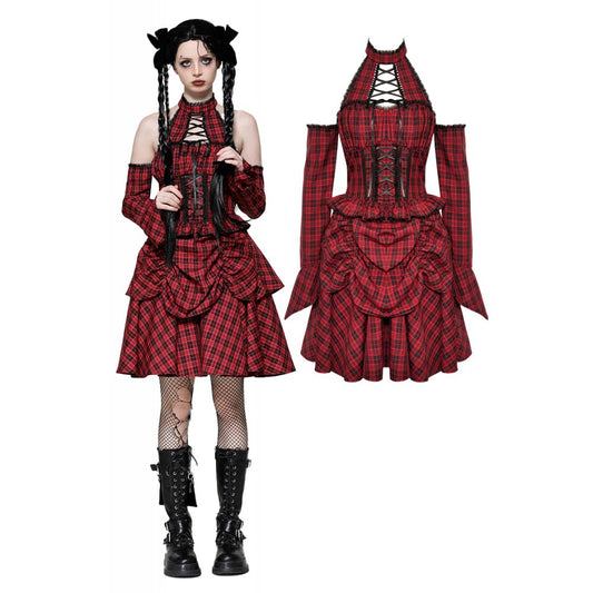 Dark in Love Rosalind Black and Red Tartan Cold Shoulder Halter Neck Dress