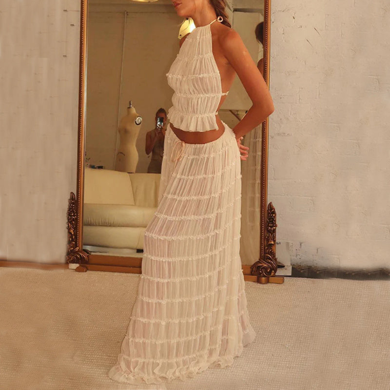 Vireous Two-Piece Ruffled Women's Summer Halter Dress