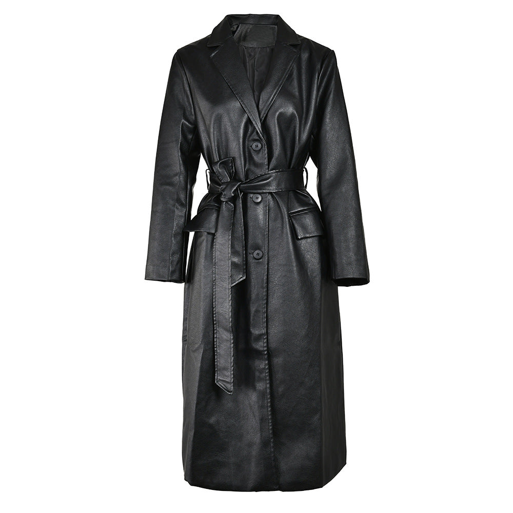 Vireous Waist-Tight Thin Black PU Leather Women's Coat