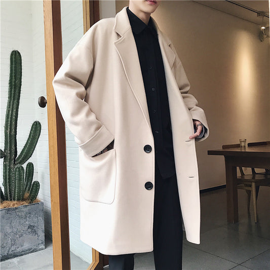 Vireous Men's Avant Garde Casual Mid-Length Wool Coat in Beige