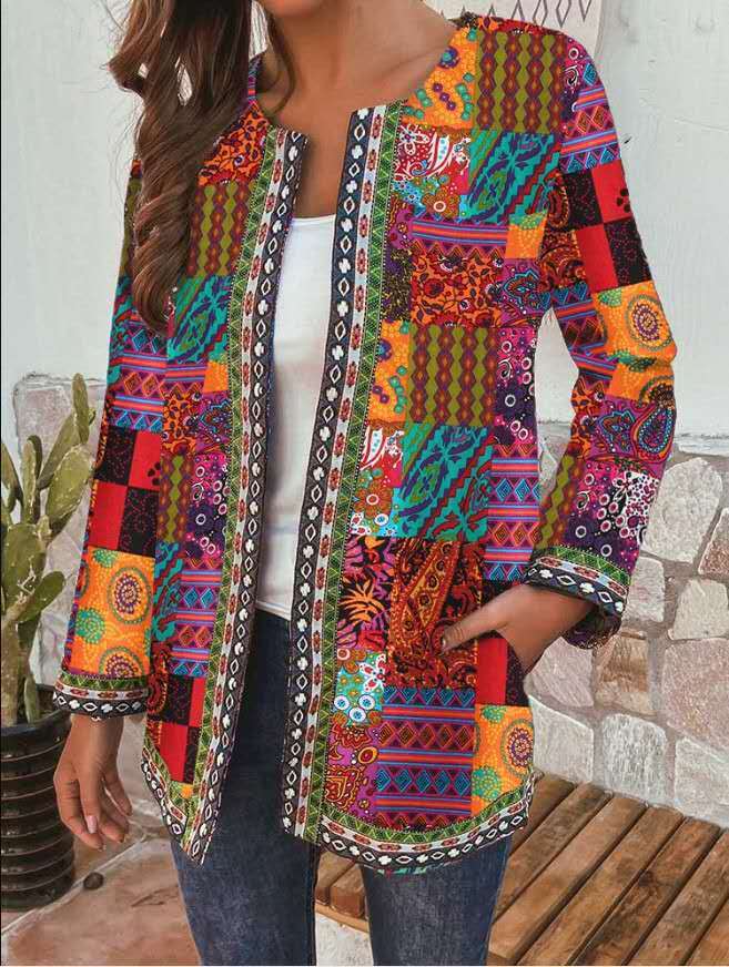 Women's Retro Ethnic Print Long-Sleeve Midi Jacket