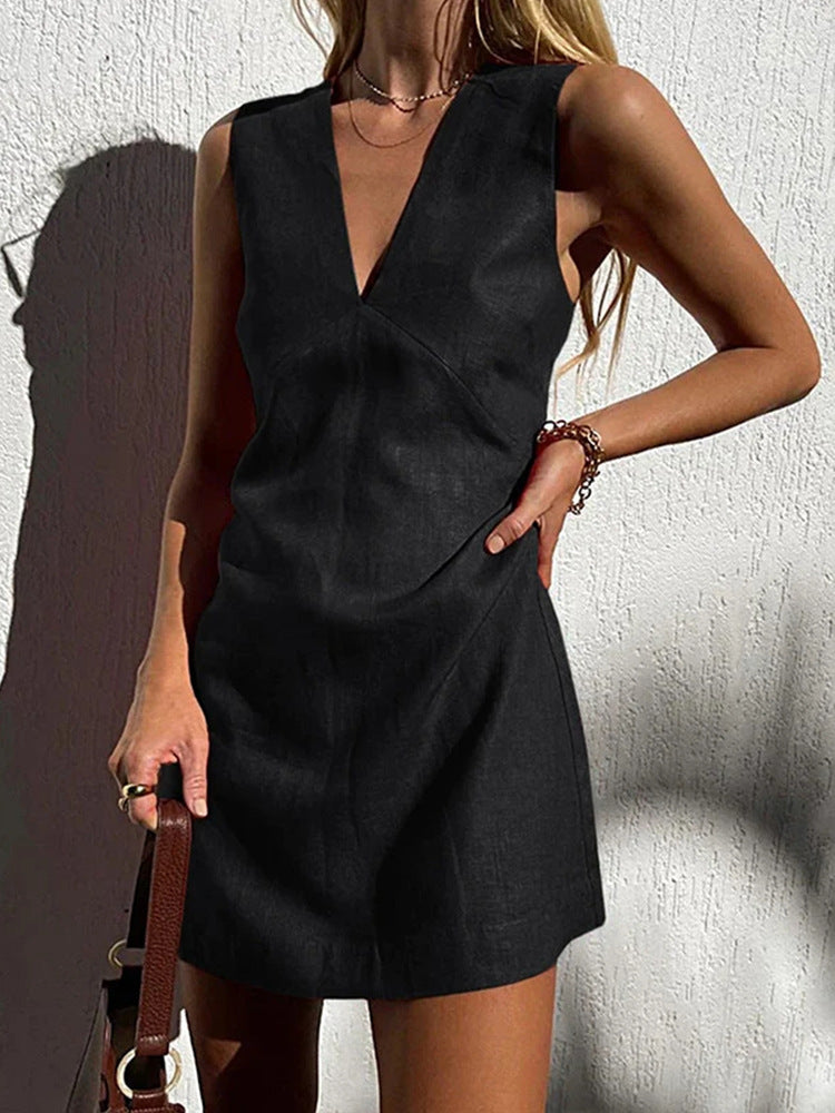 Vireous Summer Classic Cotton and Linen Sleeveless Mini Dress, Multi Colours