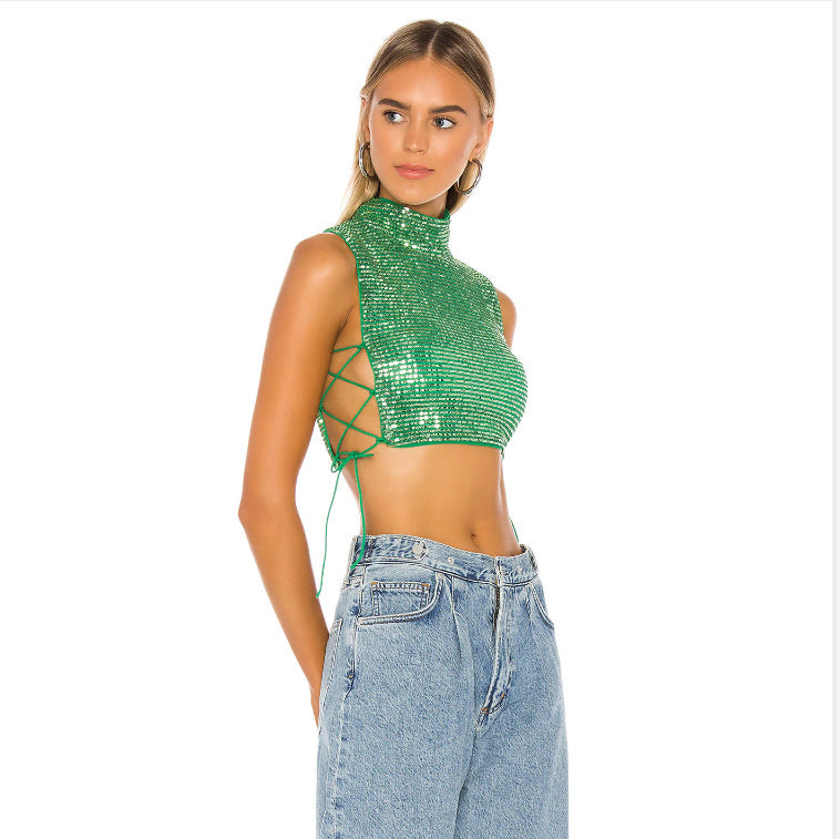 Fashion Nightclub Sequin Vest Top, Side-Stretch Cropped Vest in Green