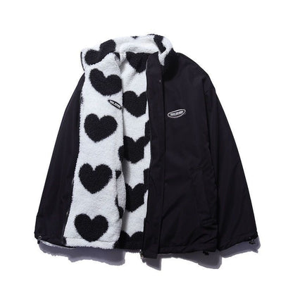 Heart Print Fleece-Lined Warm Reversible Cotton-Padded Women's Jacket