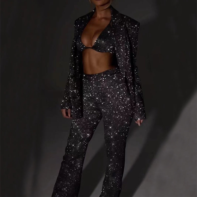 Three-Piece Sparkling Long-Sleeve Suit with Bra, Lapel Blazer, Straight-Leg Trousers