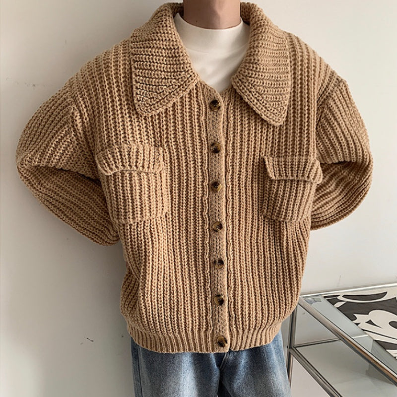 Vireous Retro 1970s Lapel Single-Breasted Men's Cardigan Sweater Coat