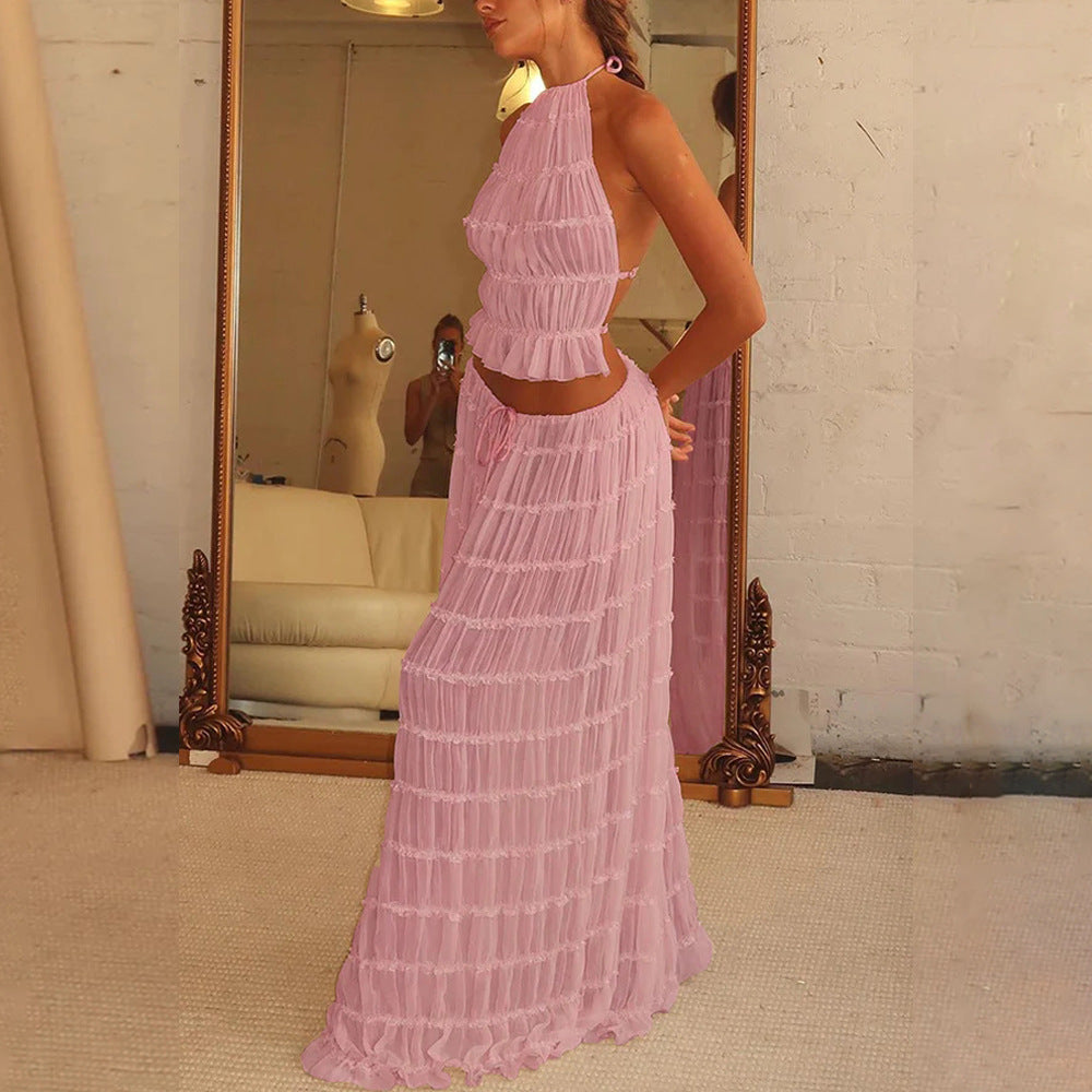 Vireous Two-Piece Ruffled Women's Summer Halter Dress