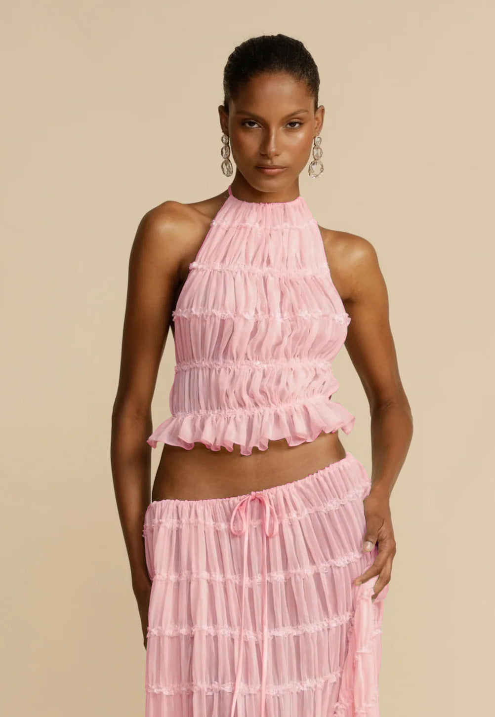 Vireous Two-Piece Ruffled Women's Summer Halter Dress