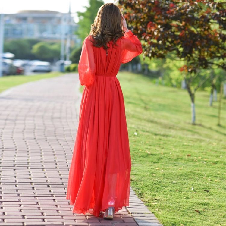 Vireous Flowy Long Sleeve Chiffon Beach Dress