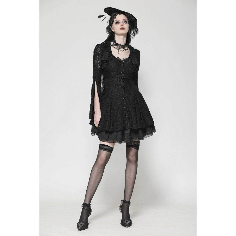 Dark in Love Luca Black Hollow Lace Gemstone-Button Adjustable Waist Dress