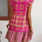 Vireous Pink Print Sleeveless Summer Sun Dress, Straight Tie-Up Dress