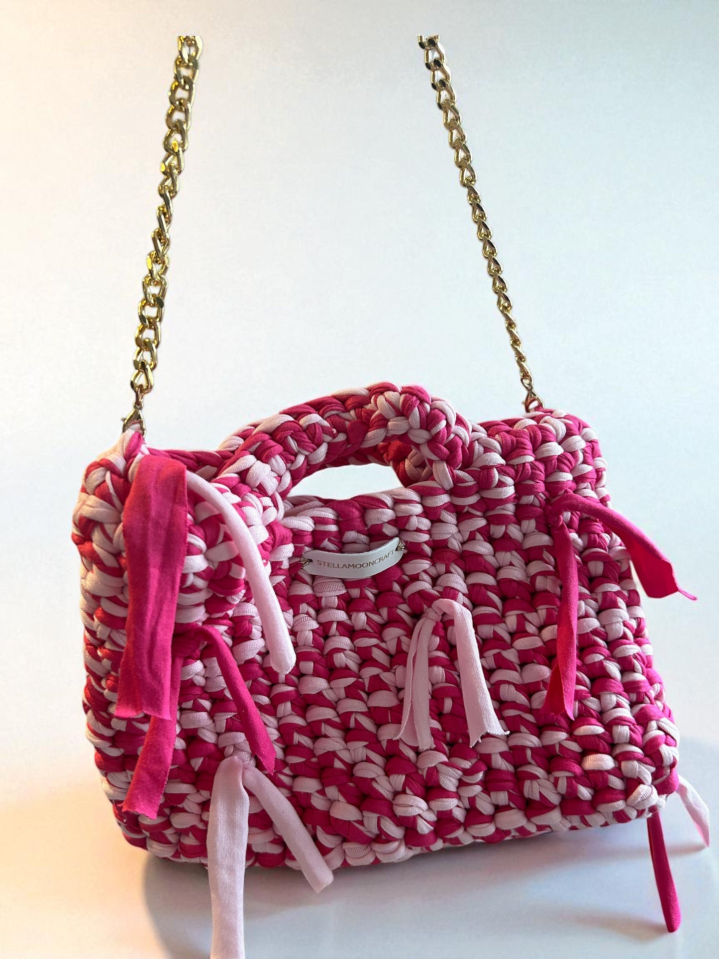 Pink Handmade Crochet Handbag with Gold Chain Strap