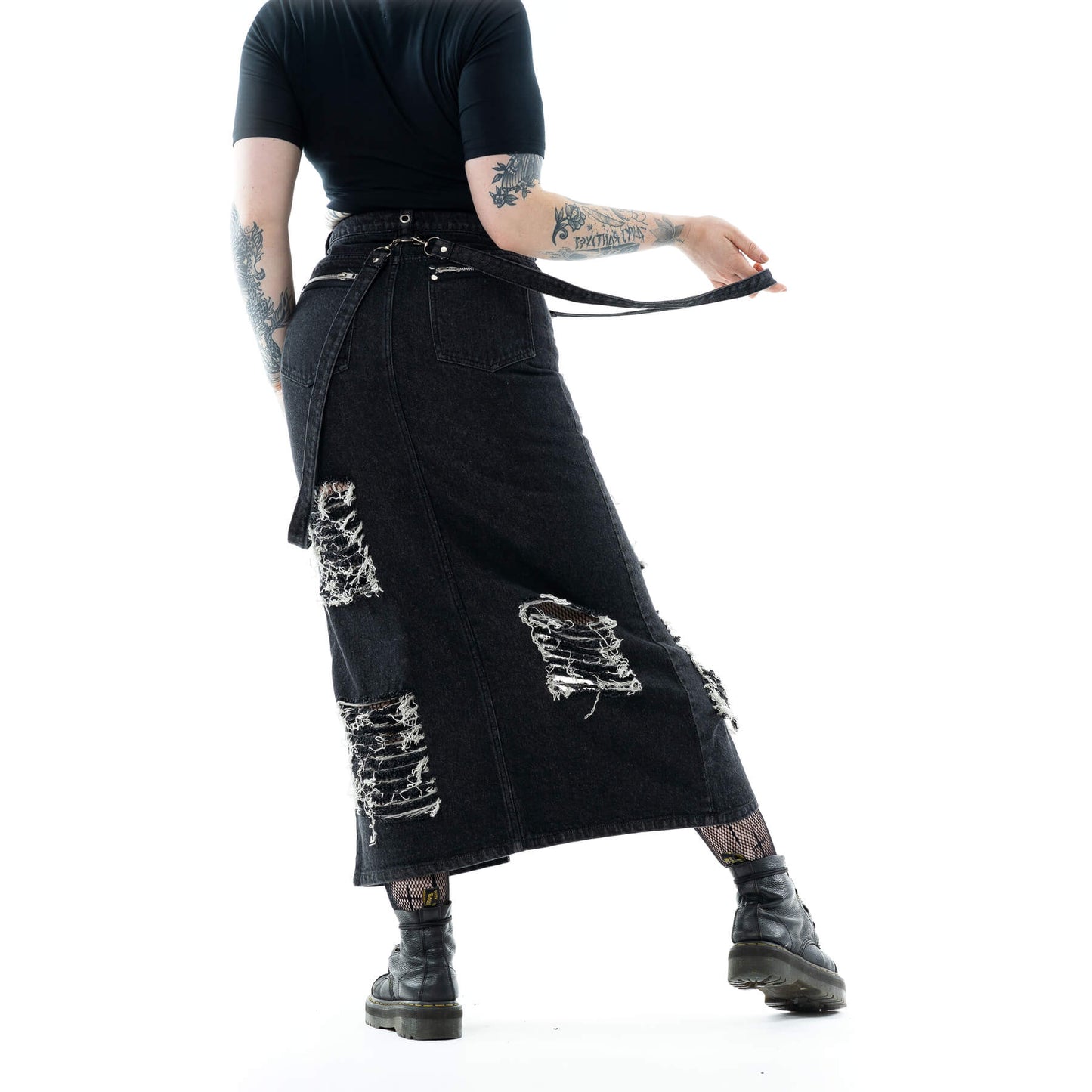 Vixxsin Runa Distressed Denim Maxi Skirt in Black Stonewash