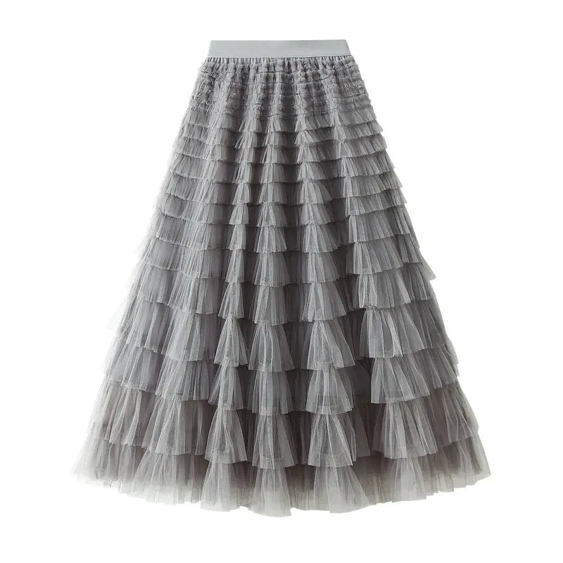 Vireous Solid Colour Ball Gown Long Tiered Skirt