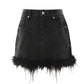 Vireous Feather Trim Black Denim Skirt