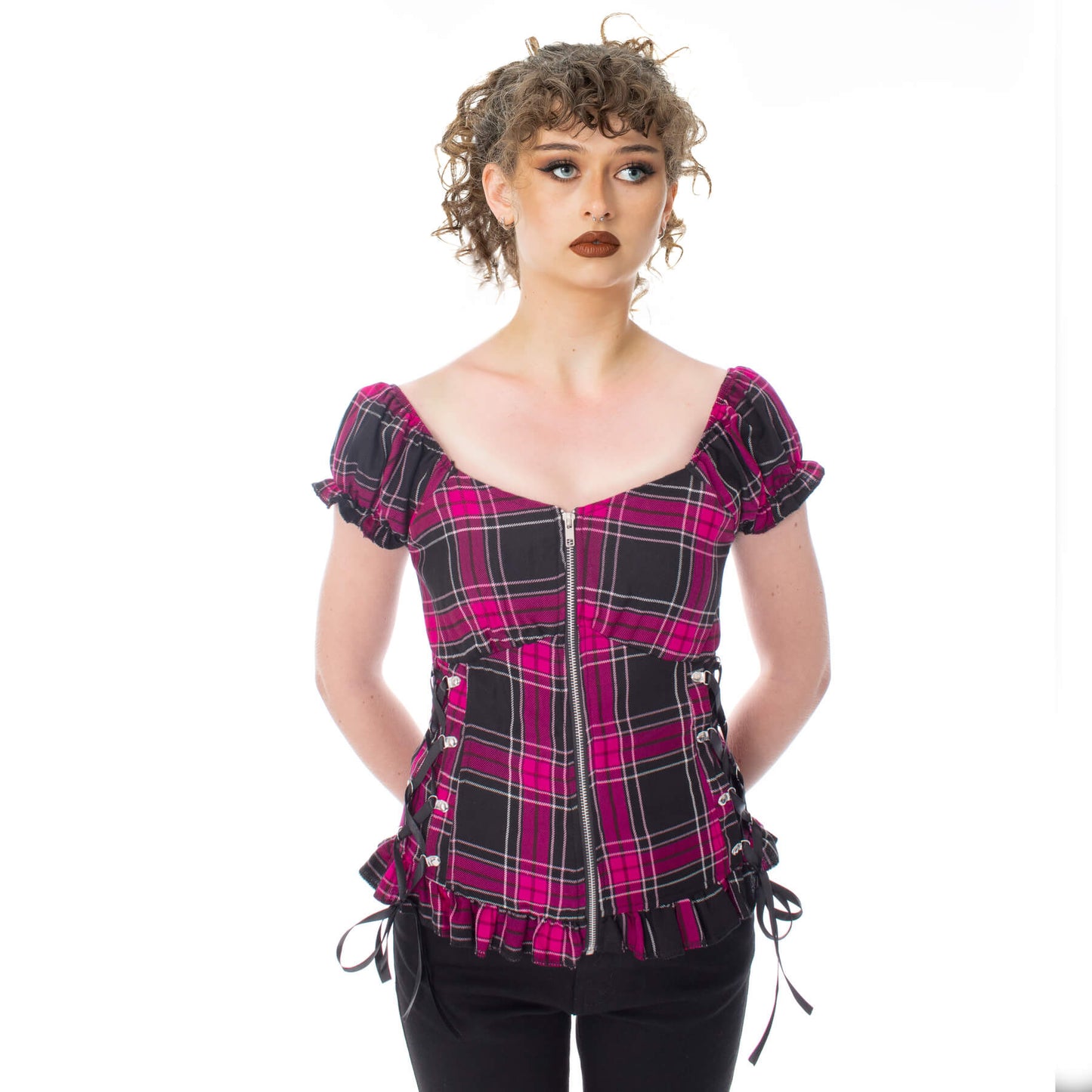 Heartless Hemlock Top, Women's Dark Pink Check Gothic Corset Top