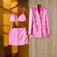 Vireous Women's Pink Satin Suit Jacket and Skirt Set